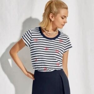 CAbi Aviation Navy White Striped Tee with Red Accents 6128